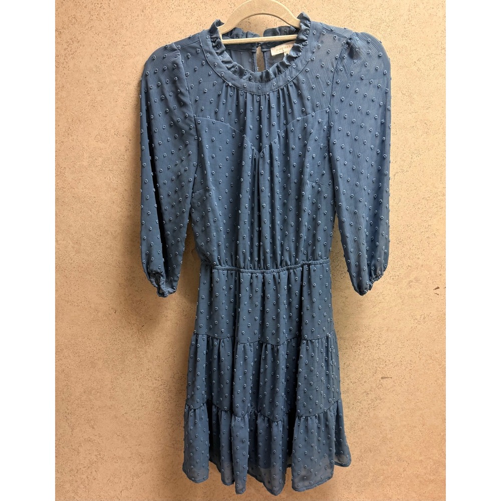 Monteau Los Angeles S Women Blue Swiss Dot Romantic Boho Tiered Mini Dress